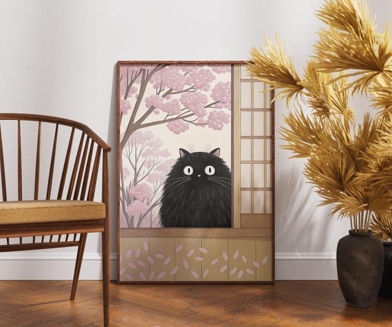 Black Cat With Cherry Blossoms Art Japandi Wall Print Cute Japanese Decor Minimalist Cozy Illustration Kawaii Zen Poster
