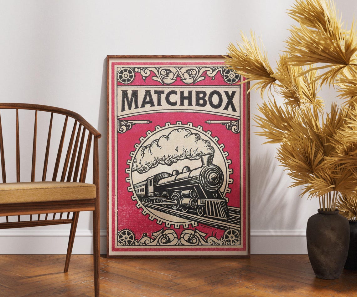 Vintage Steam Train Matchbox Poster Retro Locomotive Railway Classic