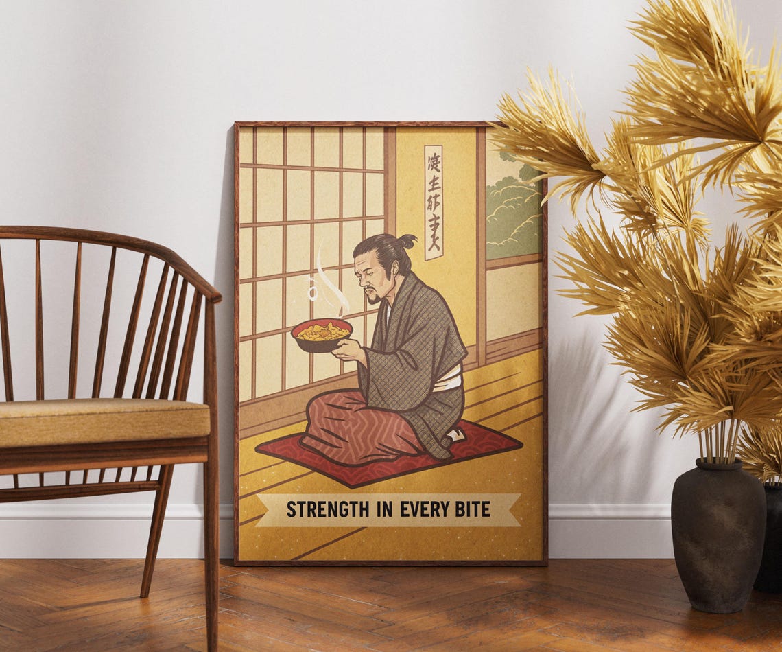 Samurai Dining Strength In Every Bite Traditional Japanese Meal Poster