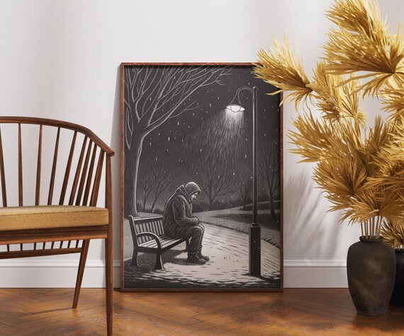 Lonely Figure On Night Park Bench Lamppost Melancholy Black White Poster