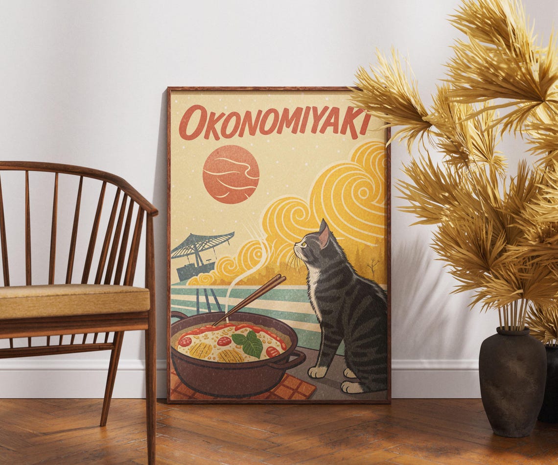 Okonomiyaki Cat Retro Japanese Food Kawaii Sunset Kitchen Poster