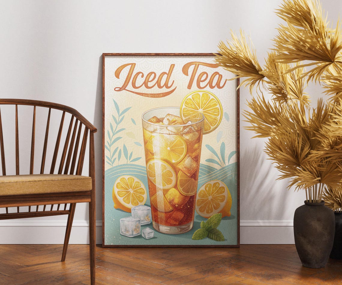 Vintage Iced Tea Poster Lemon Mint Ice Retro Summer Kitchen Decor