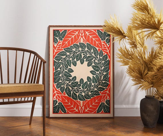 Vintage Botanical Wreath Poster Linocut Ornate Floral Art Retro Nature Wall Decor Boho Illustration Rustic Print
