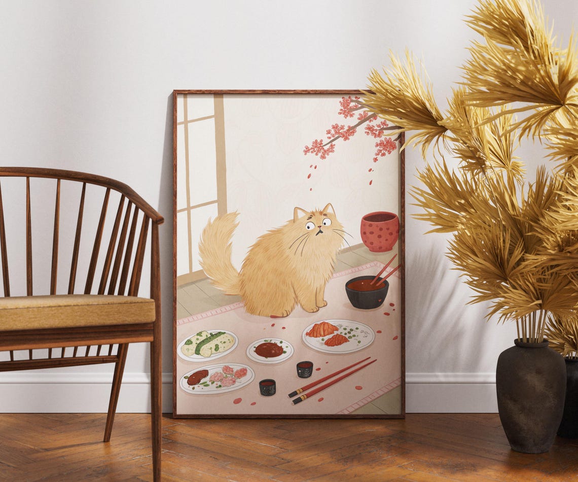 Ginger Cat Japanese Dinner Cute Food Lover Table Feast Art Poster