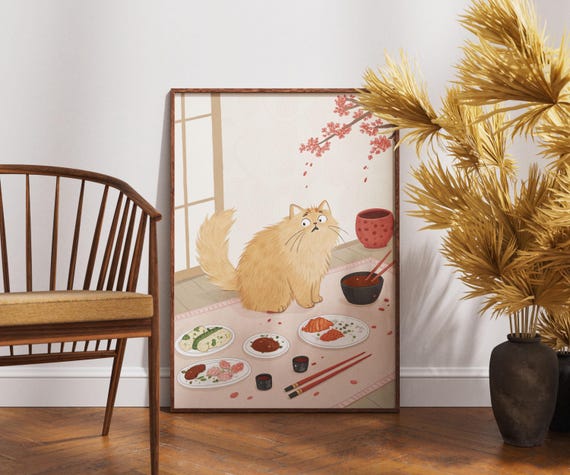 Ginger Cat At Japanese Dinner Art Cute Food Lover Print Japandi Kitchen Decor Funny Kawaii Wall Poster Minimalist Dining