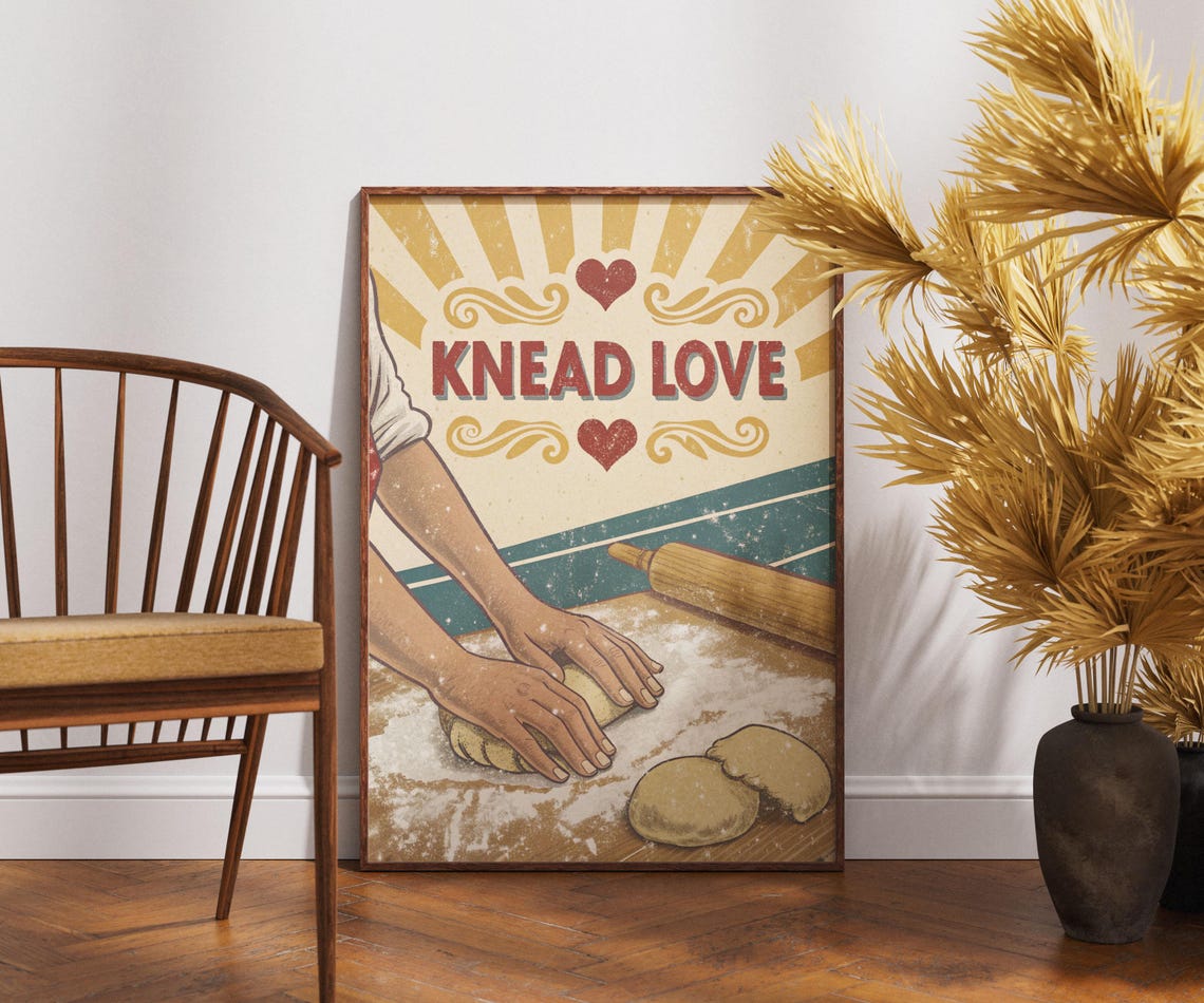 Retro Knead Love Baking Pun Art With Hands Kneading Dough Poster