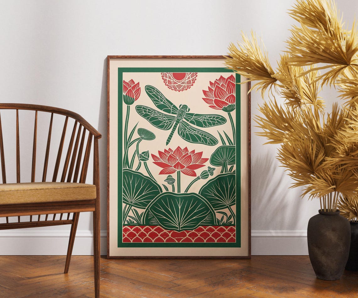 Vintage Dragonfly Poster Linocut Harmony Art Zen Nature Wall Decor Retro Botanical Illustration Boho Print