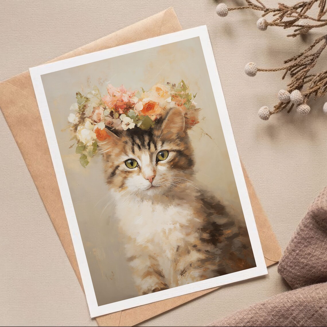 Cute Cat with Flower Wreath Vintage Style Oil Painting Poster