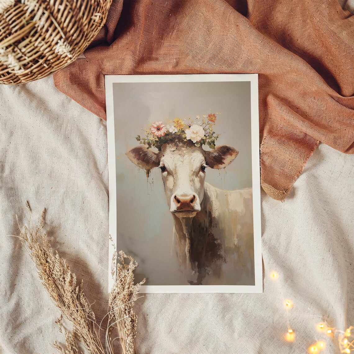 Cow With Flower Wreath Oil Painting Poster