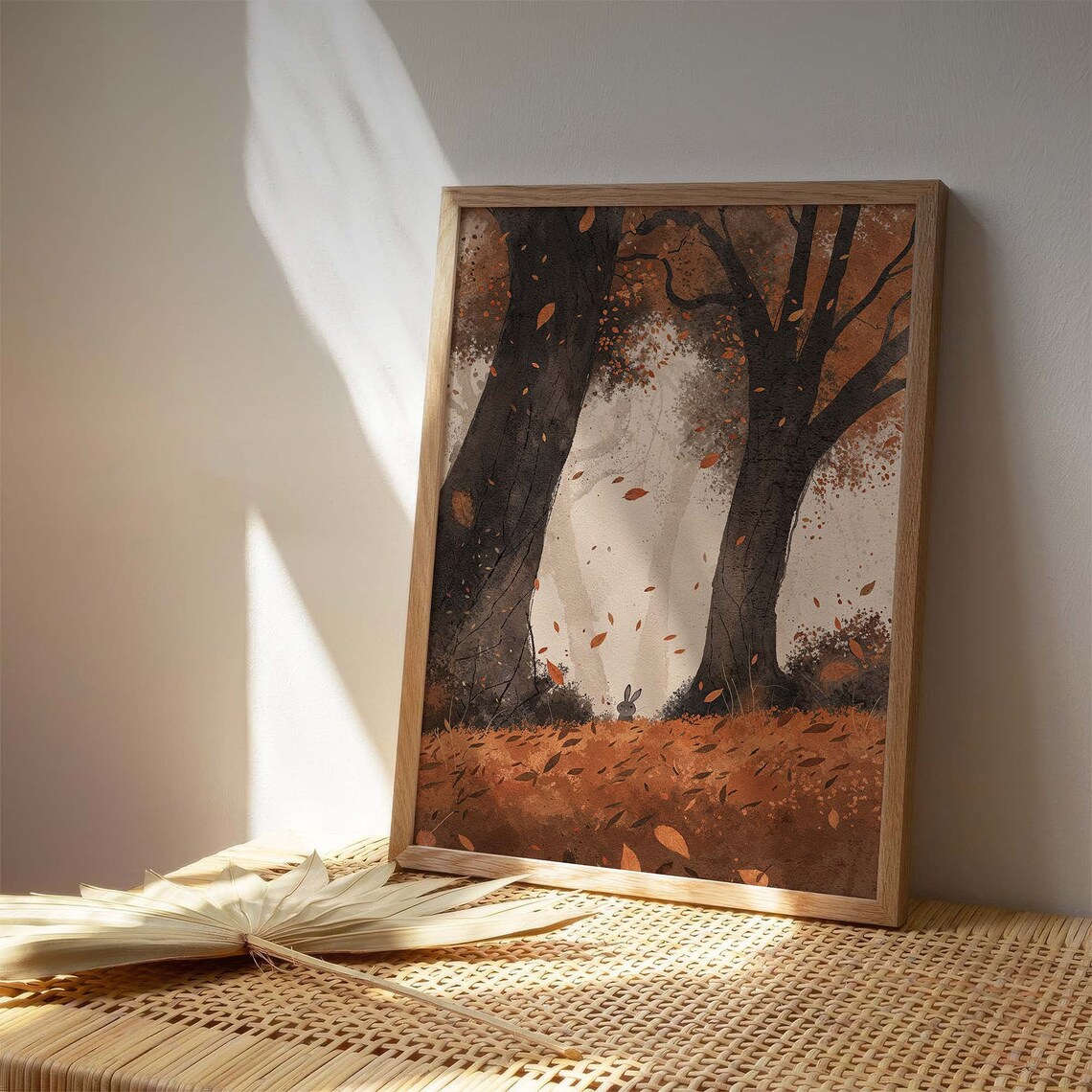 Sweet Autumn Forest Bunny Watercolor Orange Leaves Falling Poster - Image 2