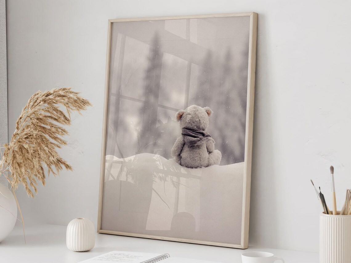 Teddy Bear in Snow Winter Wonderland Nursery Photo Art Print - Image 3