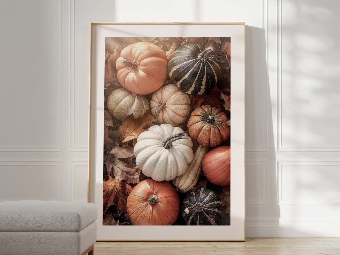 Autumn Pumpkins Poster Fall Harvest Gourds and Leaves Still Life - Image 3