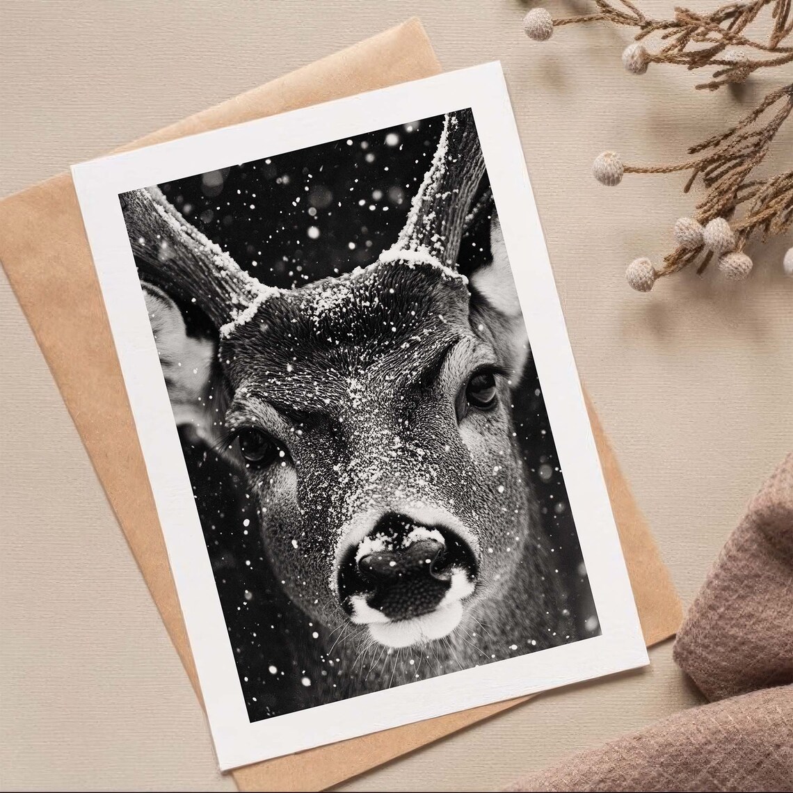Deer In The Snow, Winter Portrait Art Print