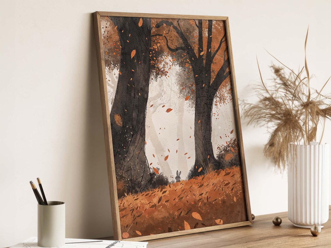 Sweet Autumn Forest Bunny Watercolor Orange Leaves Falling Poster - Image 3