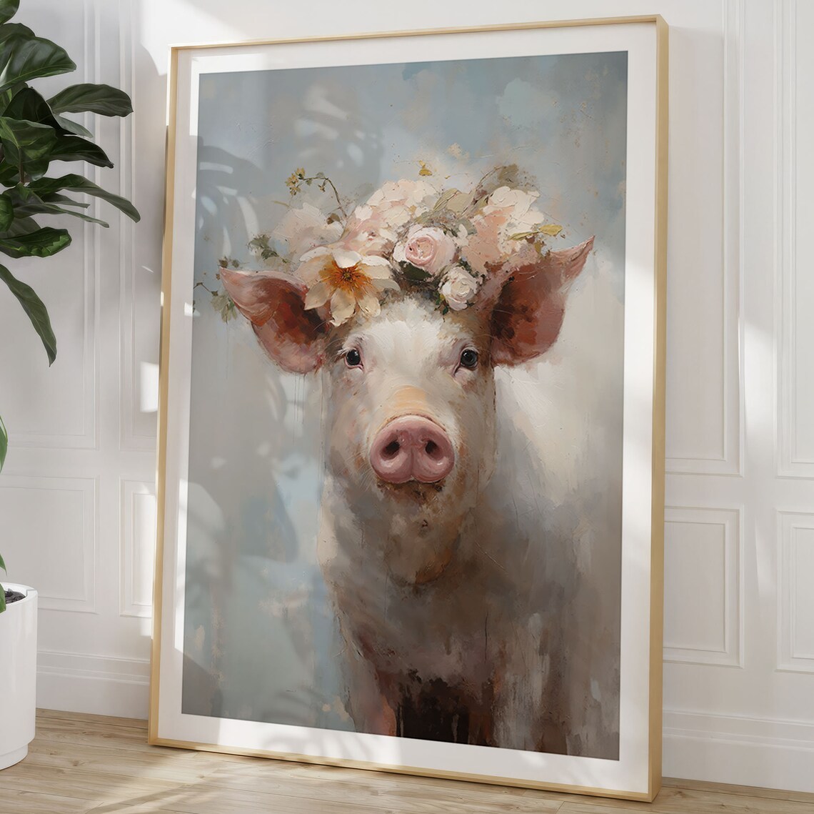 Anna the Pig with Flower Wreath Oil Painting - Image 4