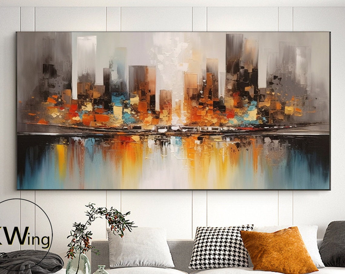 Abstract Urban Skyline Orange Teal Water Reflection Texture Art Poster