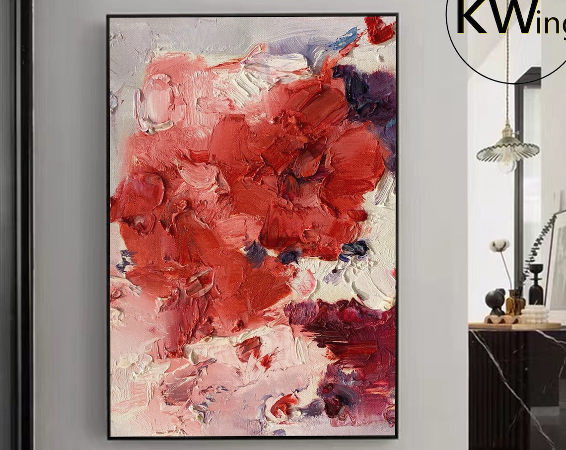 Red Impasto Abstract Oil Painting Textured Palette Knife Modern Poster