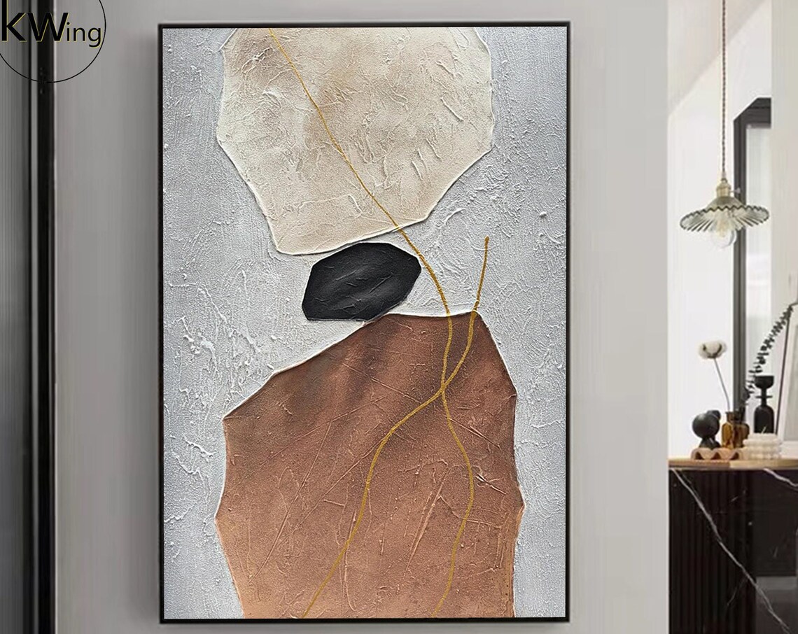 Brown Beige Stone Shapes Gold Line Abstract Textured Modern Art Poster