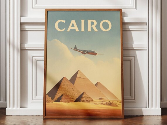 Cairo Egypt Vintage Pyramids Desert Airplane Retro Travel Poster