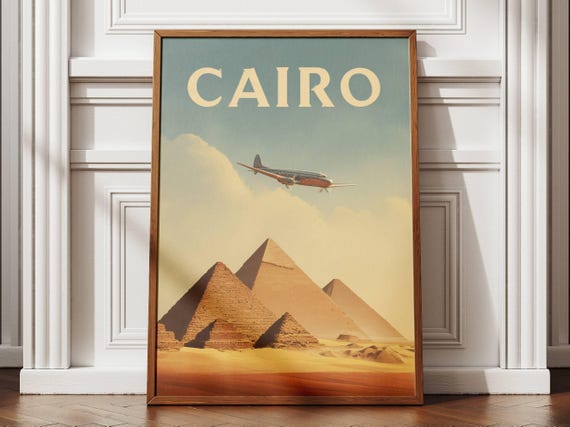 Cairo Travel Poster Flat Design Pyramids Desert Nile Wall Art Print Minimal Egyptian Landscape Decor History Gift