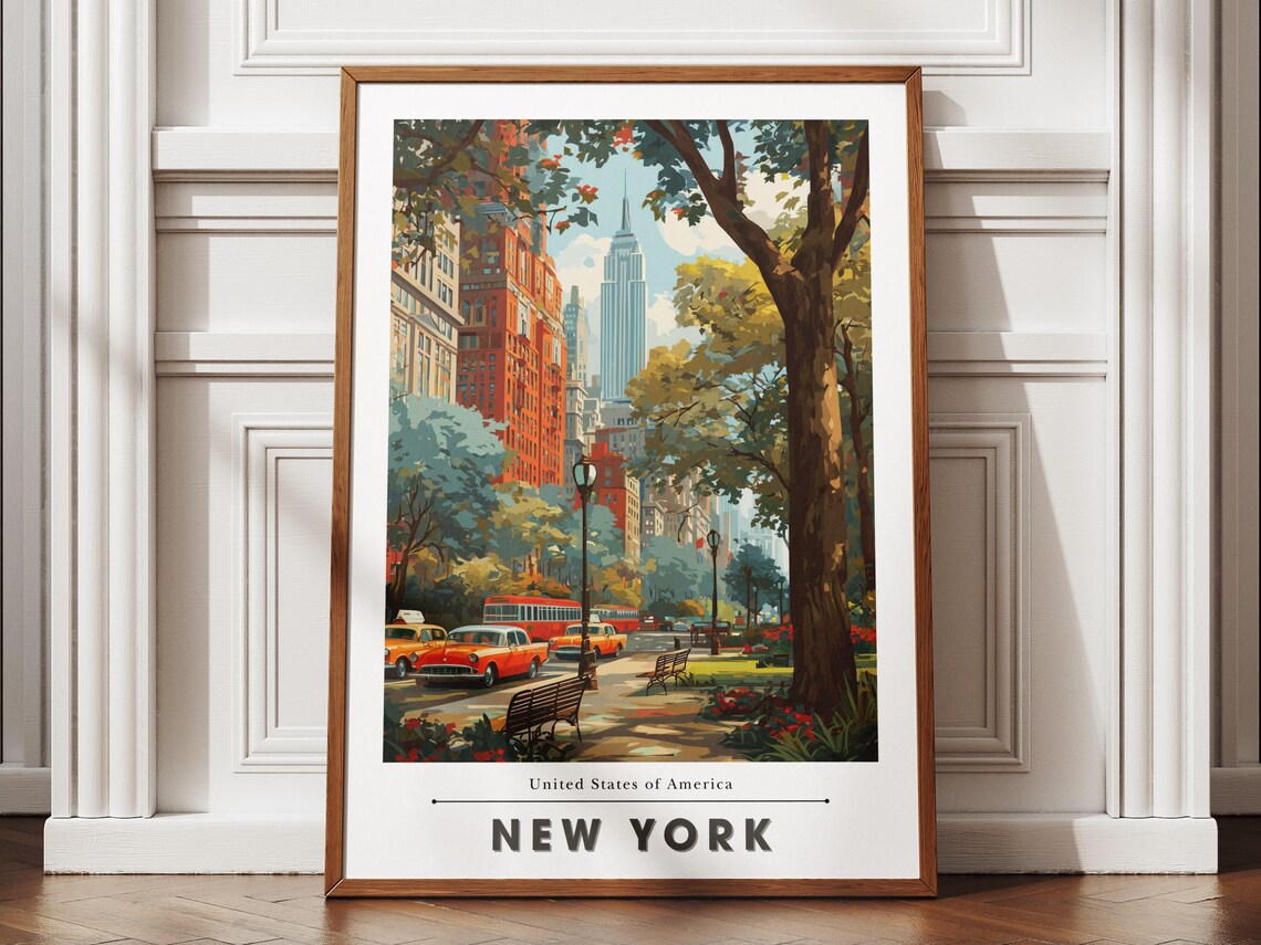 New York City Park Street Scene with Taxis Vintage Travel Poster