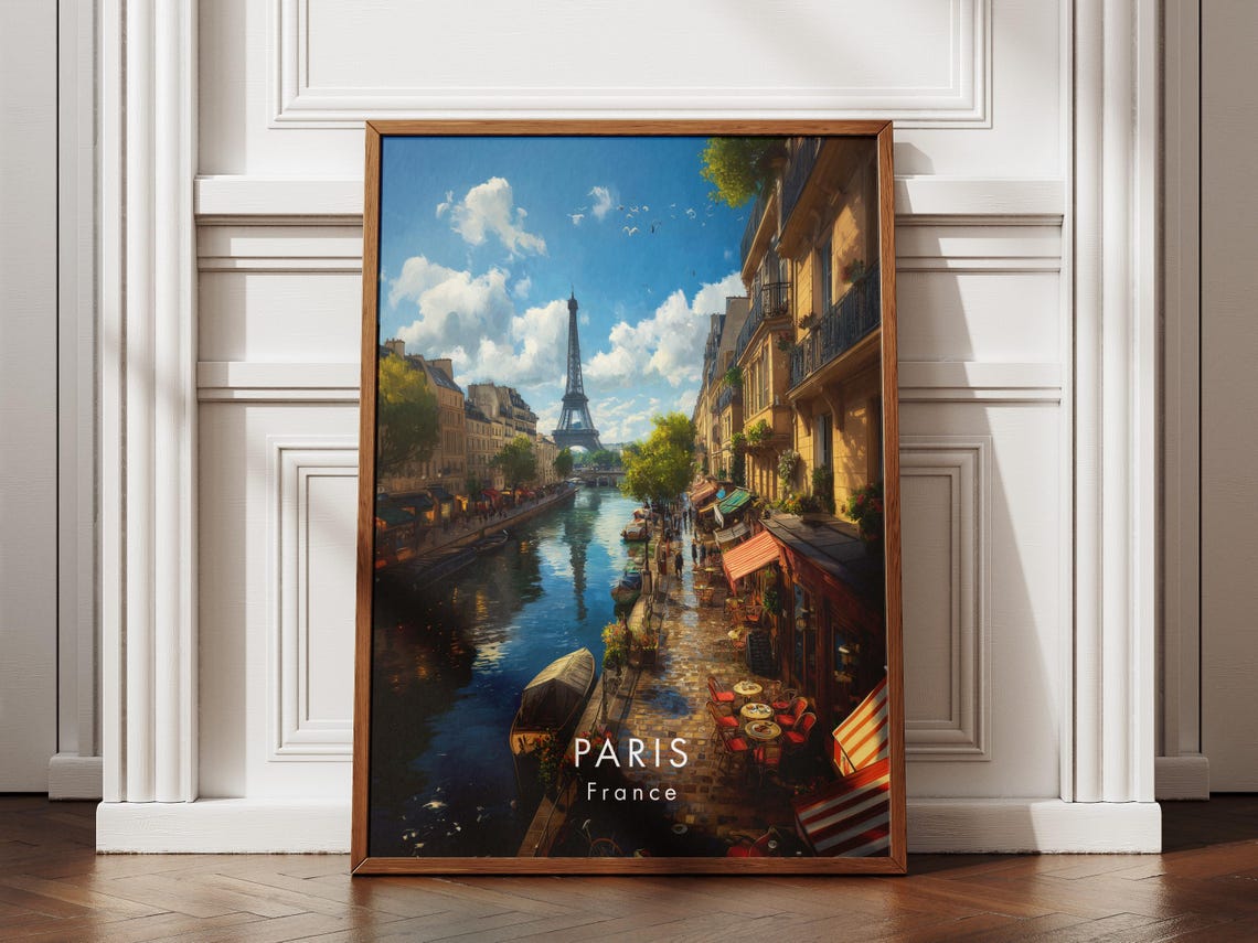Paris France Eiffel Tower Riverside Cafe Charming Street Poster