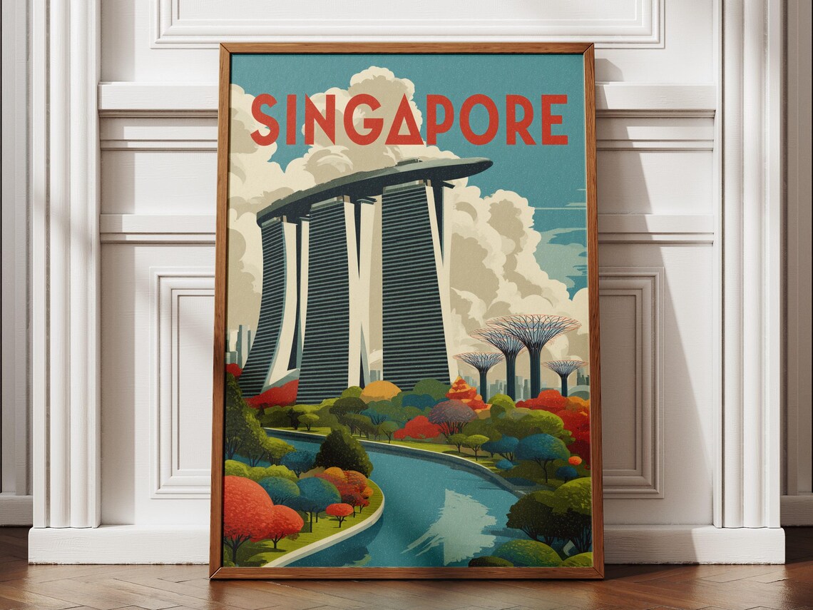 Singapore Marina Bay Sands and Supertree Grove Retro Travel Poster