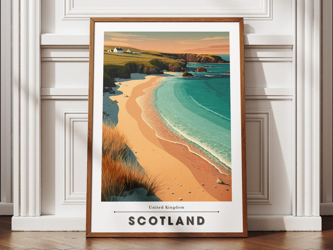 Scotland Beach Coastal Dunes Sea Cliffs and White Cottages Art Poster