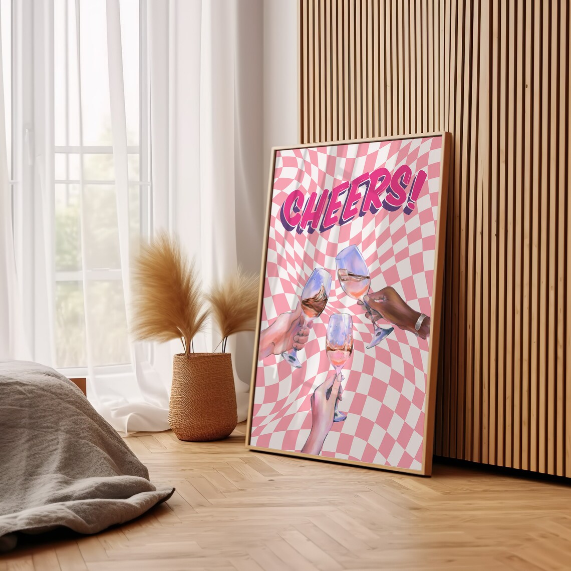 Cheers Rosé Wine Toast Retro Pink Wavy Checkerboard Party Poster - Image 3