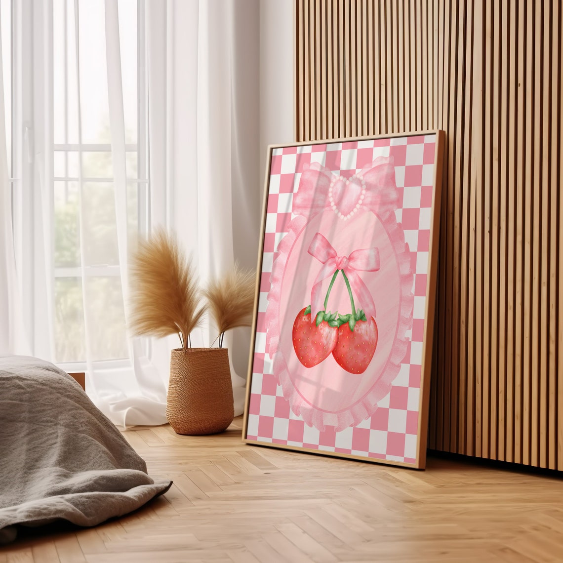 Strawberry Bow Pink Checkered Kitchen Coquette Fruit Watercolor Poster - Image 3