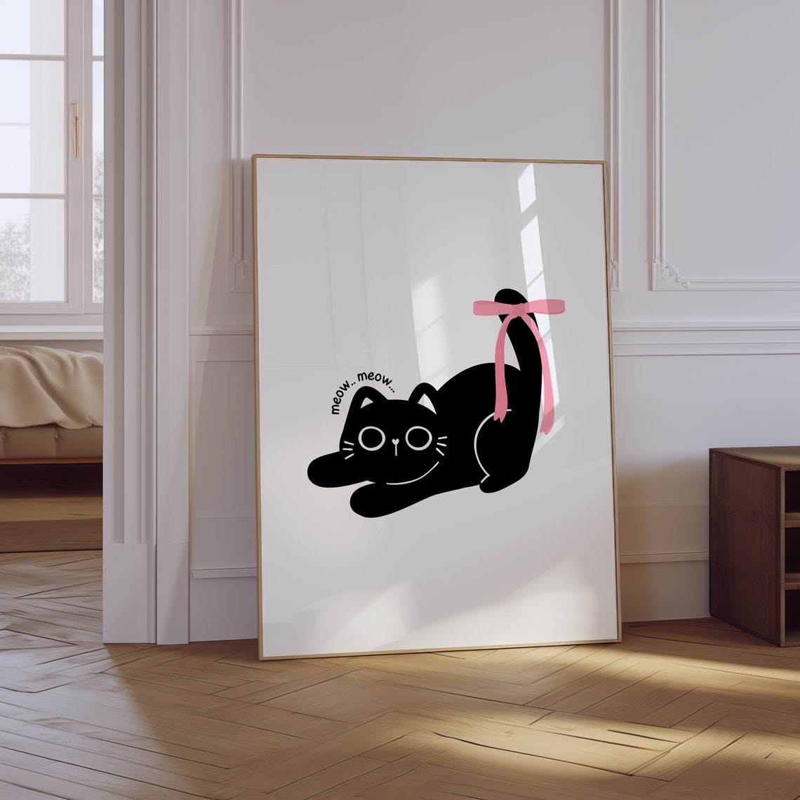Black Cat Playing With Pink Bow Tail Coquette Cute Girly Art Poster