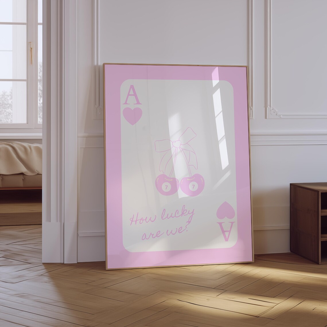 Pink How Lucky Are We Ace of Hearts Cherries Girly Art Poster