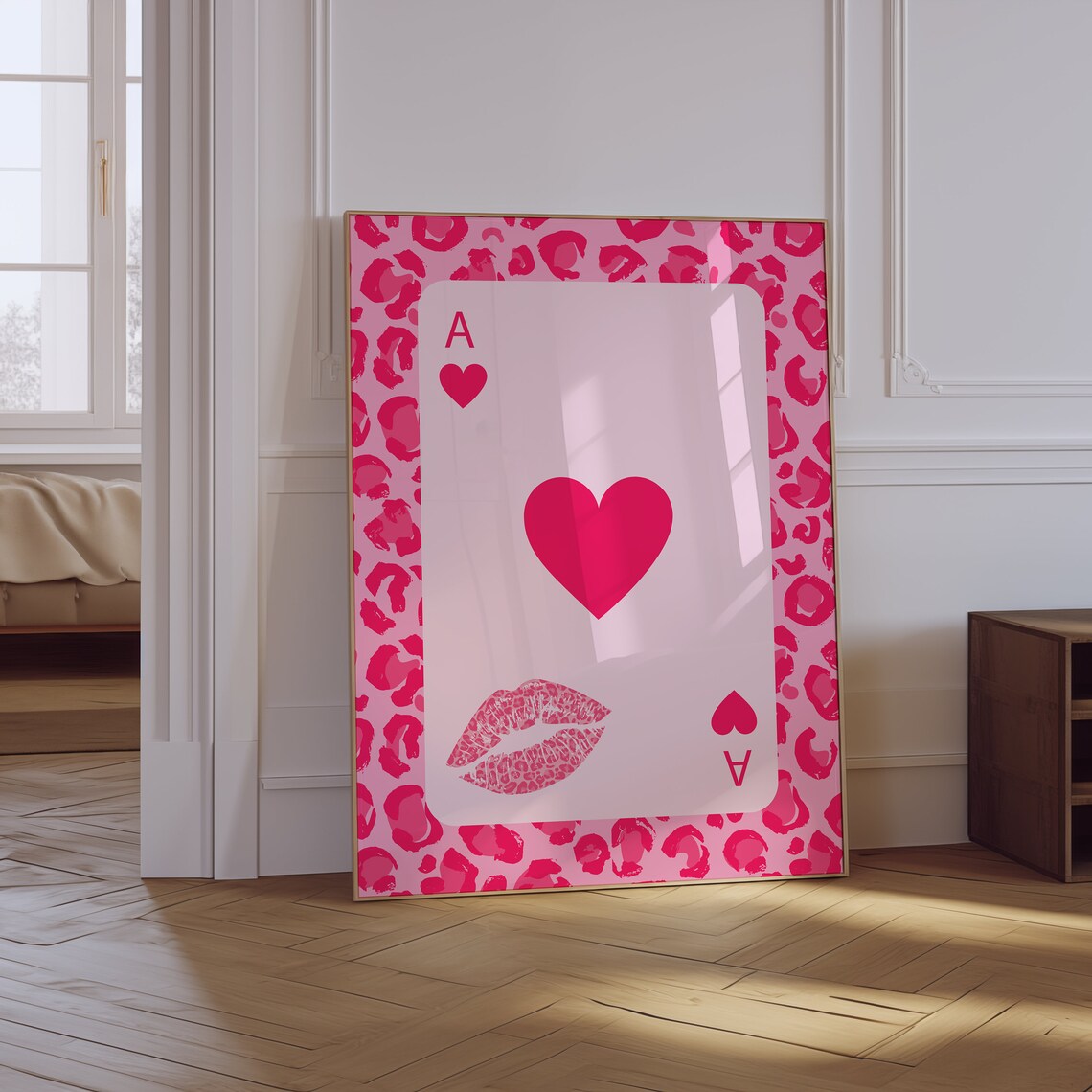 Hot Pink Leopard Ace of Hearts Kiss Mark Trendy Fashion Poster