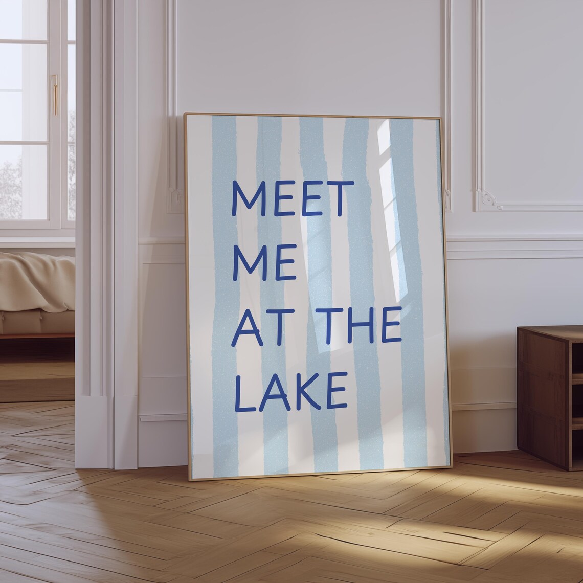 Meet Me At The Lake Blue Striped Summer Lake House Vacation Poster