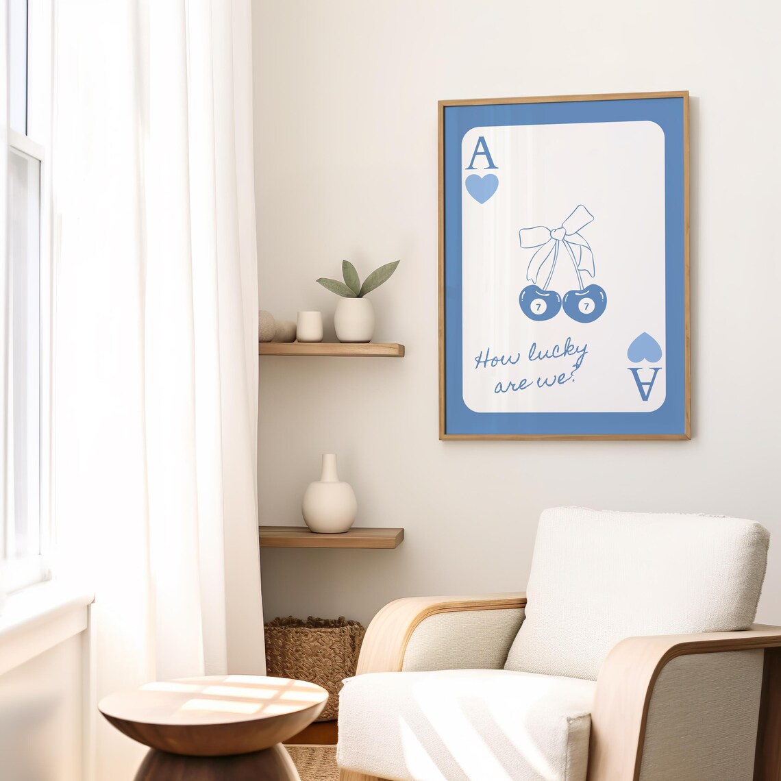 Blue How Lucky Are We Ace of Hearts Cherries Girly Art Poster - Image 3