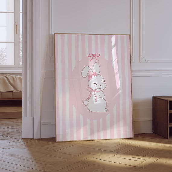 Rabbit Nursery Print Trendy Pink Animal Print Aesthetic Room Decor Girls Nursery Print Pink Coquette Room Decor Nursery Wall Decor