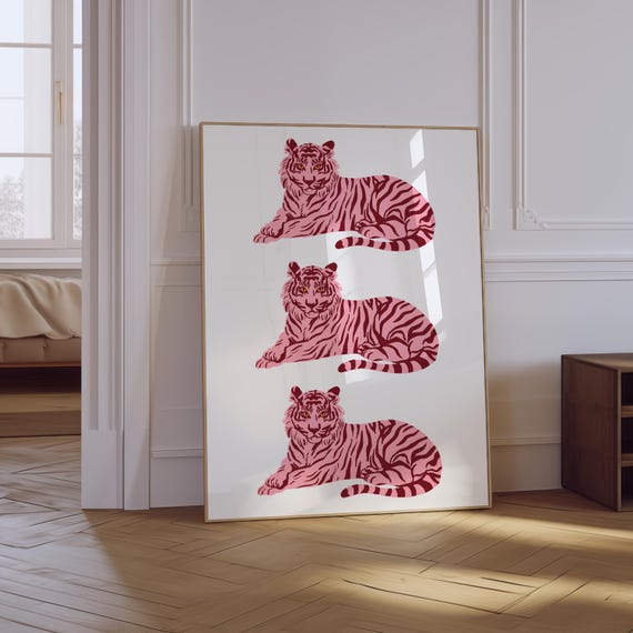 Tiger Prints Pink Animal Print Trendy Pink Apartment Decor Aesthetic Room Decor Trendy Retro Animal Poster Coastal Wall Art