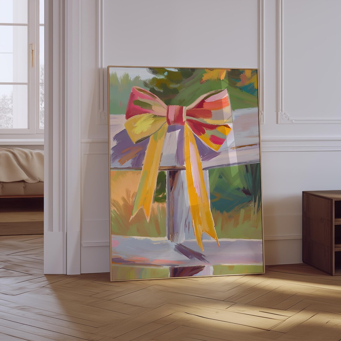 Painterly Autumn Bow On White Fence Impressionist Fall Ribbon Art Poster - Image 3