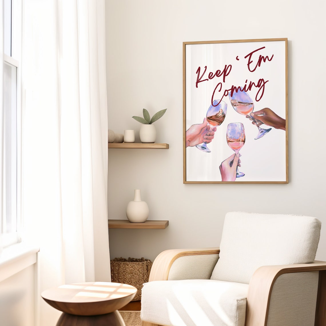 Keep 'Em Coming Rose Wine Glasses Cheers Watercolor Art Poster - Image 2