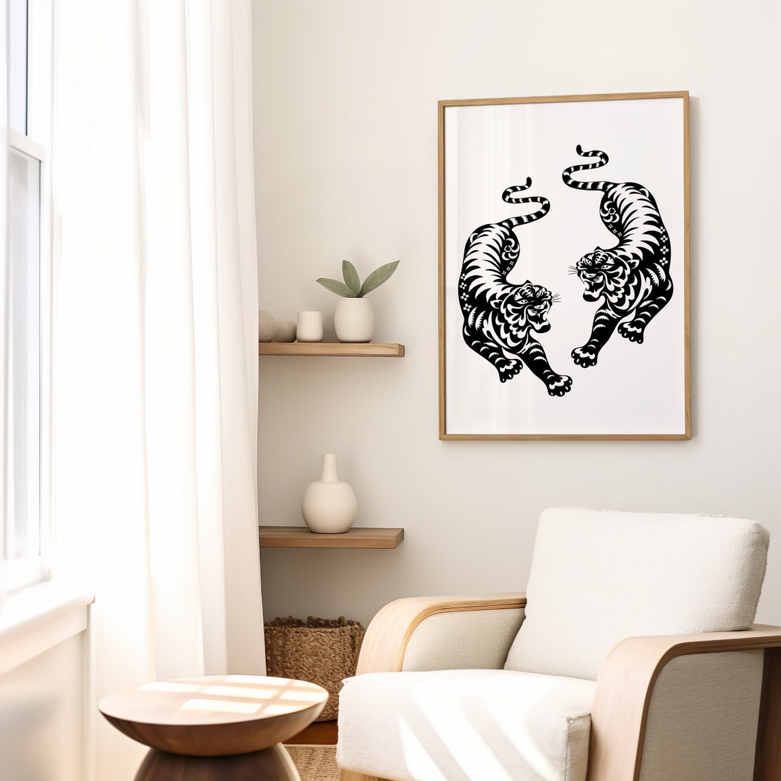 Black and White Dual Tiger Yin Yang Bold Minimalist Art Poster - Image 2