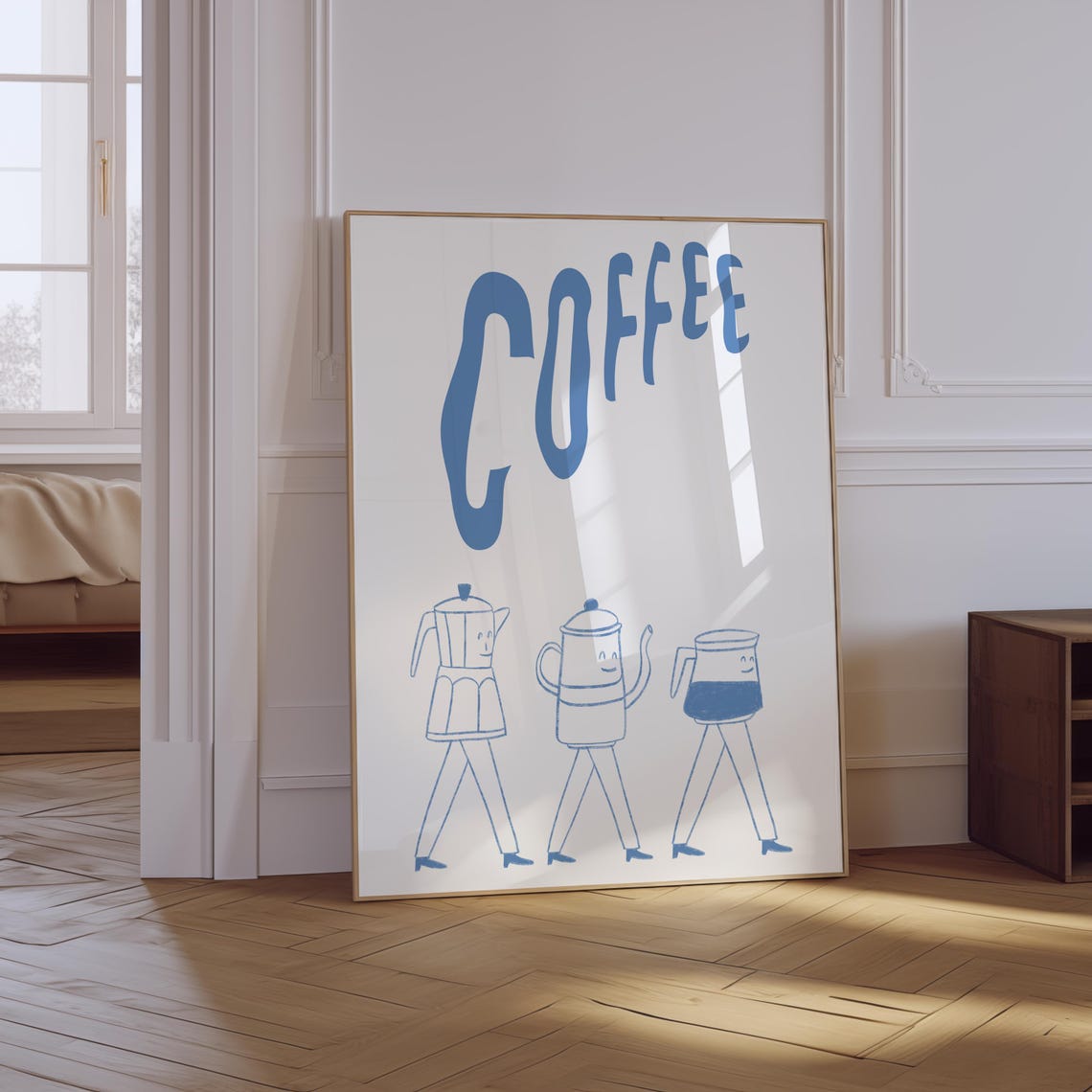 Coffee Walking Coffee Pots Cute Blue Line Art Kitchen Poster
