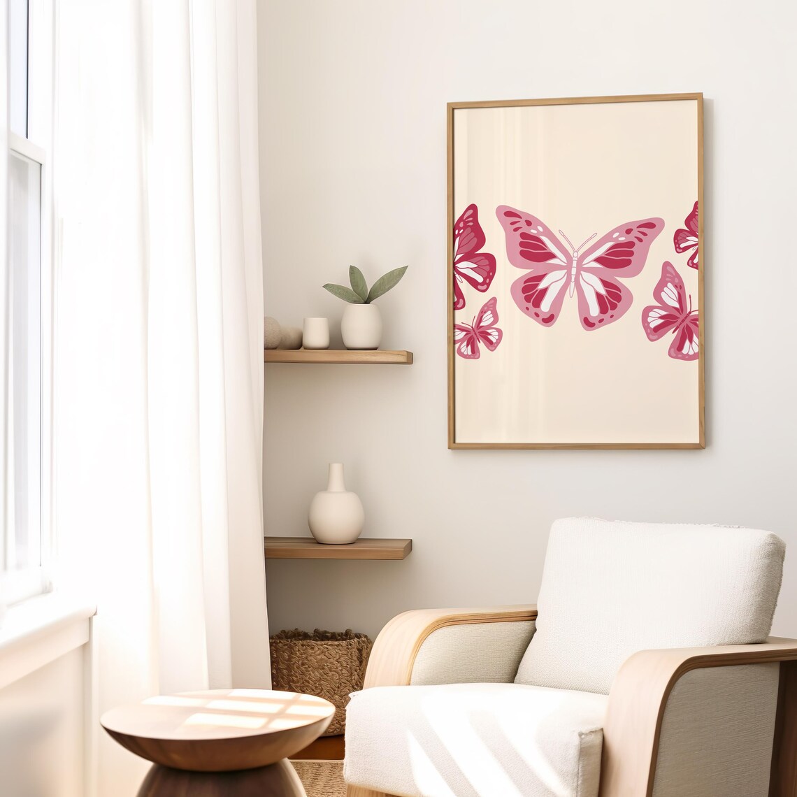 Pink Butterflies Cream Background Preppy Aesthetic Art Poster - Image 3