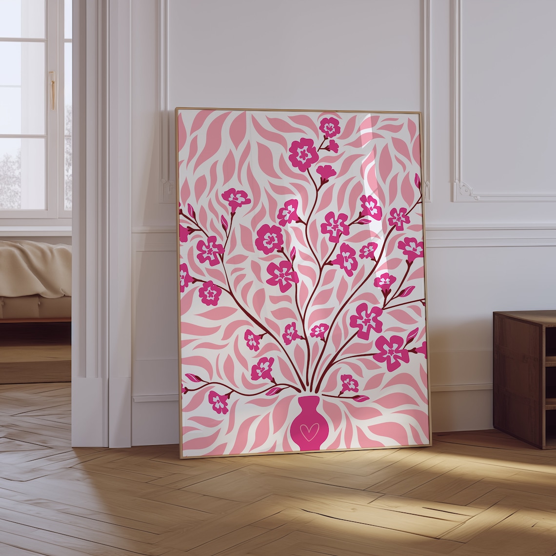 Pink Cherry Blossom Botanical Vase With Heart Retro Floral Wall Art