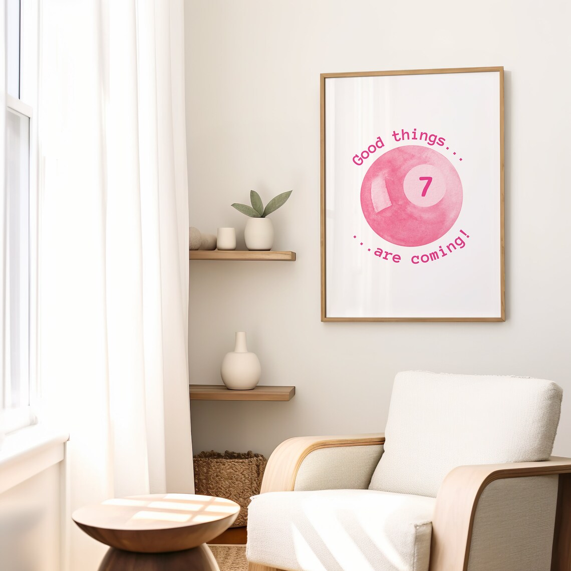 Good Things Are Coming Pink Watercolor Seven Ball Lucky Quote Poster - Image 3