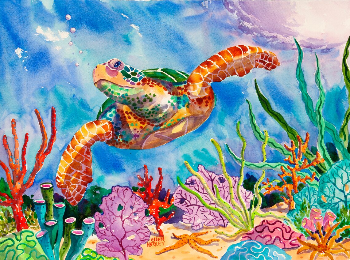 Sea Turtle Watercolor Art Print, Florida Travel Art - Image 3