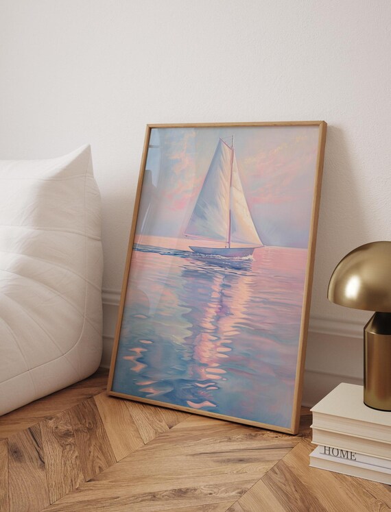 Pastel Sailboat Gliding Across a Calm Sunset Sea Watercolor Poster
