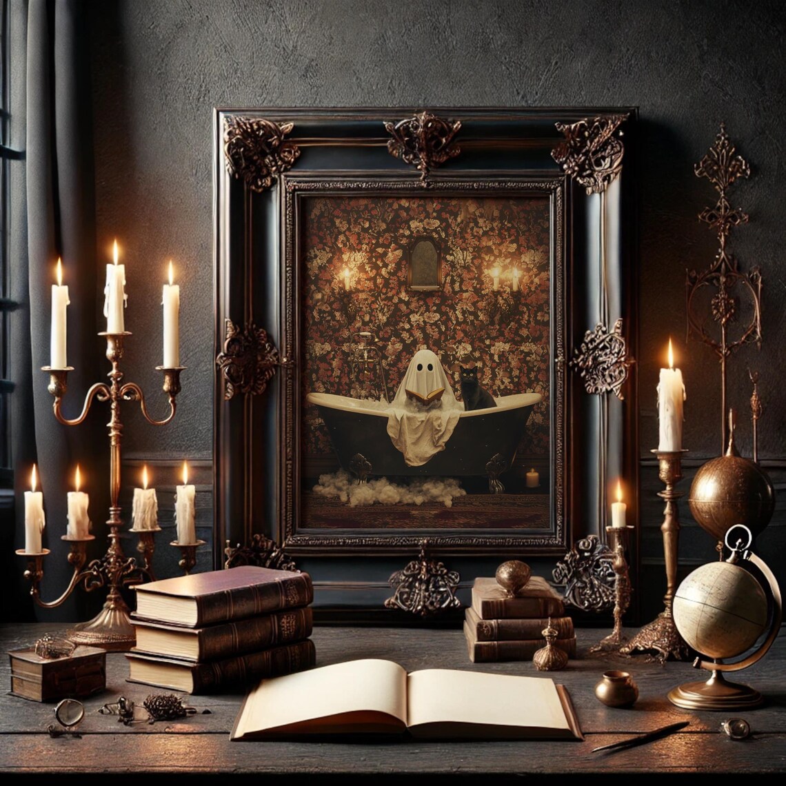 Ghost and Cat in Bathtub, Bathroom Gothic Art Print - Image 5