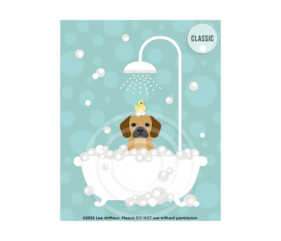 Puggle in Bubble Bath With Rubber Duck Cute Puppy Art Poster