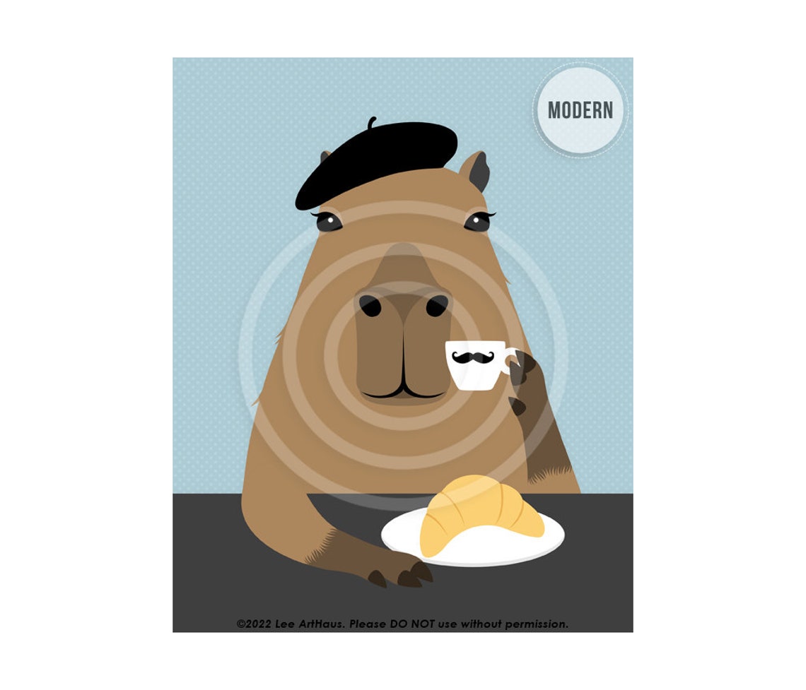 Capybara in Beret Drinking Coffee With Croissant Parisian Poster - Image 2