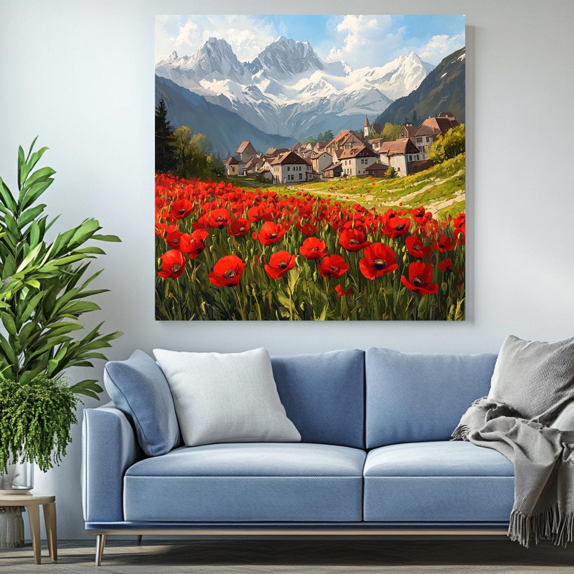 Poppy Field Mountain Landscape, Rustic Village Scene - Image 2